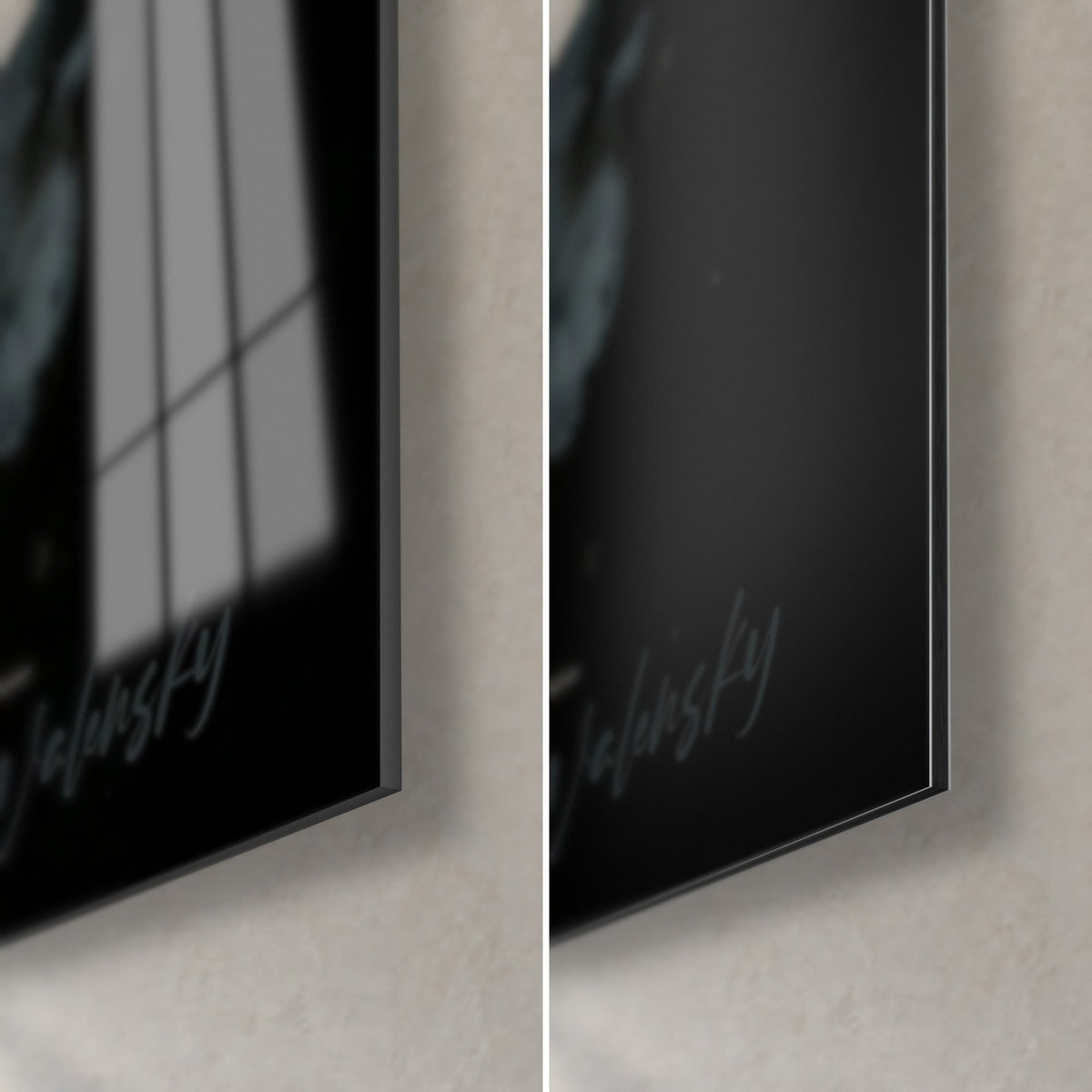 Wall art Ganesh in black and white ink, lower right corner: glossy acrylic glass reflecting a window, matte black Dibond, 3 mm edge