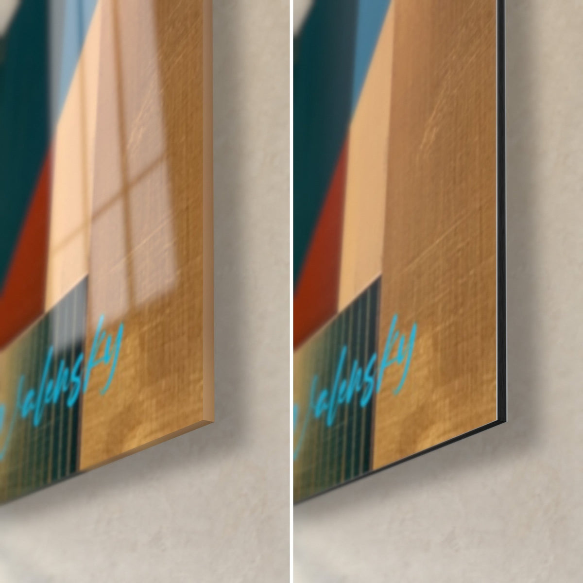 Wall art geometric Ganesh, bottom right corner: blue and gold planes, turquoise signature, glossy glass on the left, matte Dibond on the right