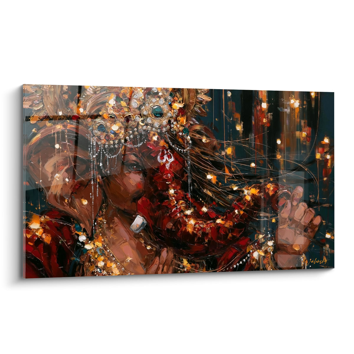 Ganesh en méditation, parure dorée et rouge profond sur fond anthracite scintillant
