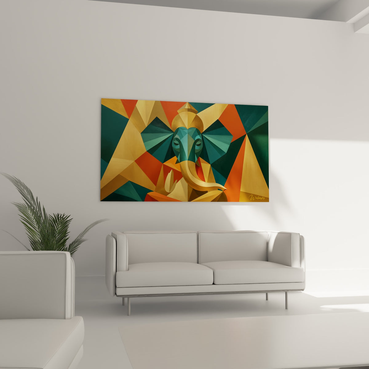 Ganesh vert émeraude et ocre en méditation domine un mur au-dessus d'un canapé dans un salon lumineux