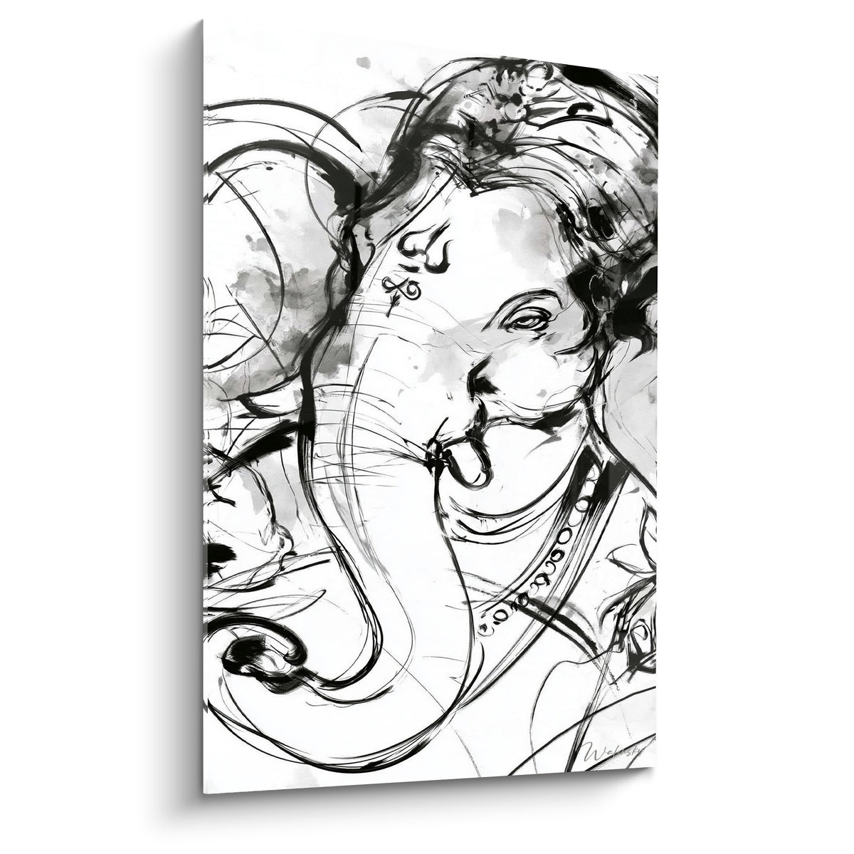 Ganesh esquissé en encre noire et blanche, trompe enroulée, trait vif et fluide