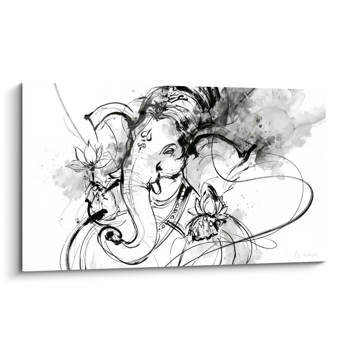 Ganesh dessiné à l'encre noire, traits fluides et taches grises sur fond blanc épuré