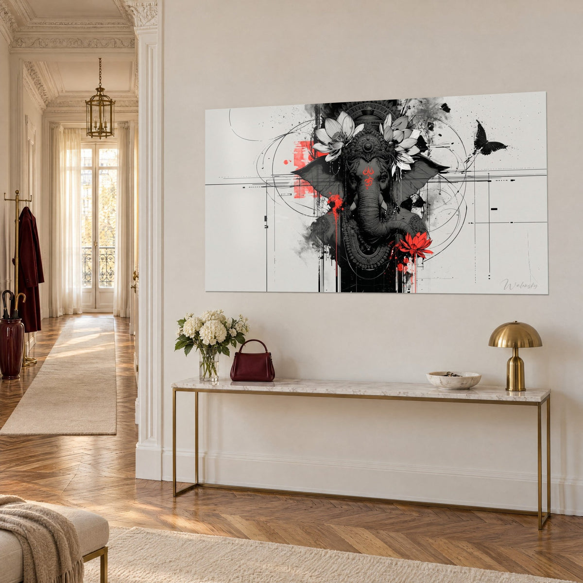 Tableau divinité à trompe d'éléphant, front marqué d'un Om écarlate, papillon noir en vol, fond blanc cassé, vue de trois-quarts