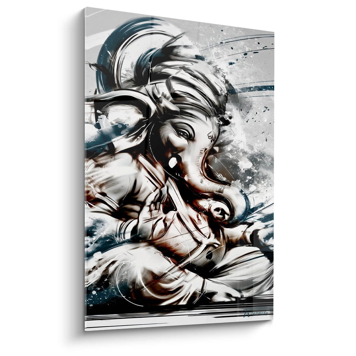Ganesh en camaïeu gris anthracite et terracotta, traits d'encre et éclaboussures blanches