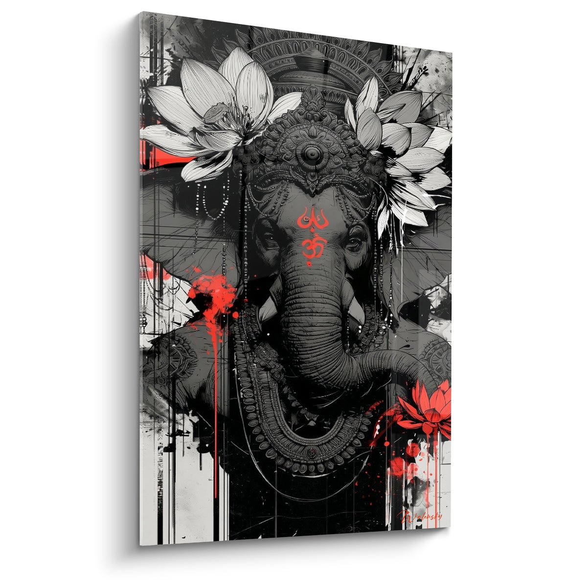Ganesh gris anthracite orné de lotus blancs et d'éclaboussures rouge vif sur fond noir