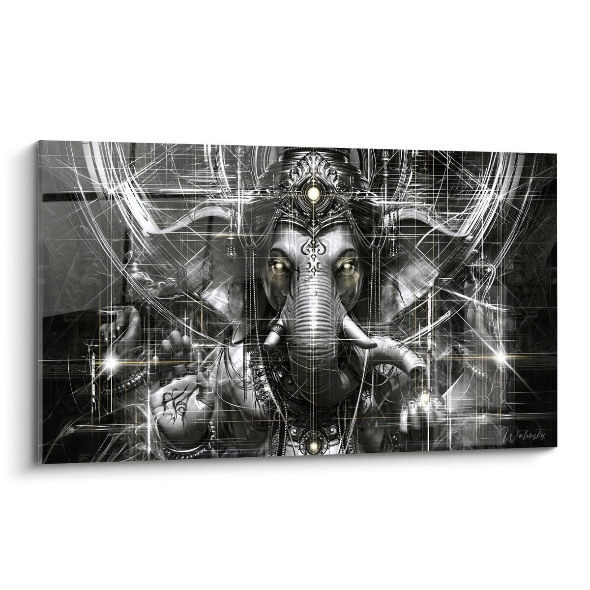 Ganesh gris et doré au regard intense, traversé de lignes argentées sur fond anthracite dense