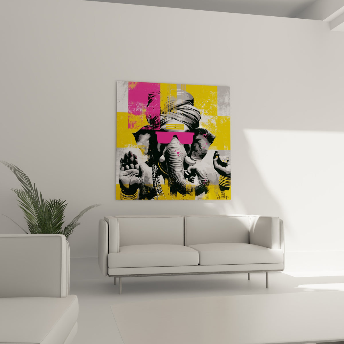 Éléphant sacré Ganesh en gris et rose vif, au-dessus d'un canapé dans un salon lumineux