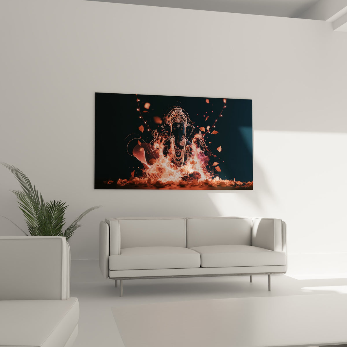 Silhouette de Ganesh traversée de lumière orangée et anthracite au-dessus d'un canapé dans un salon lumineux