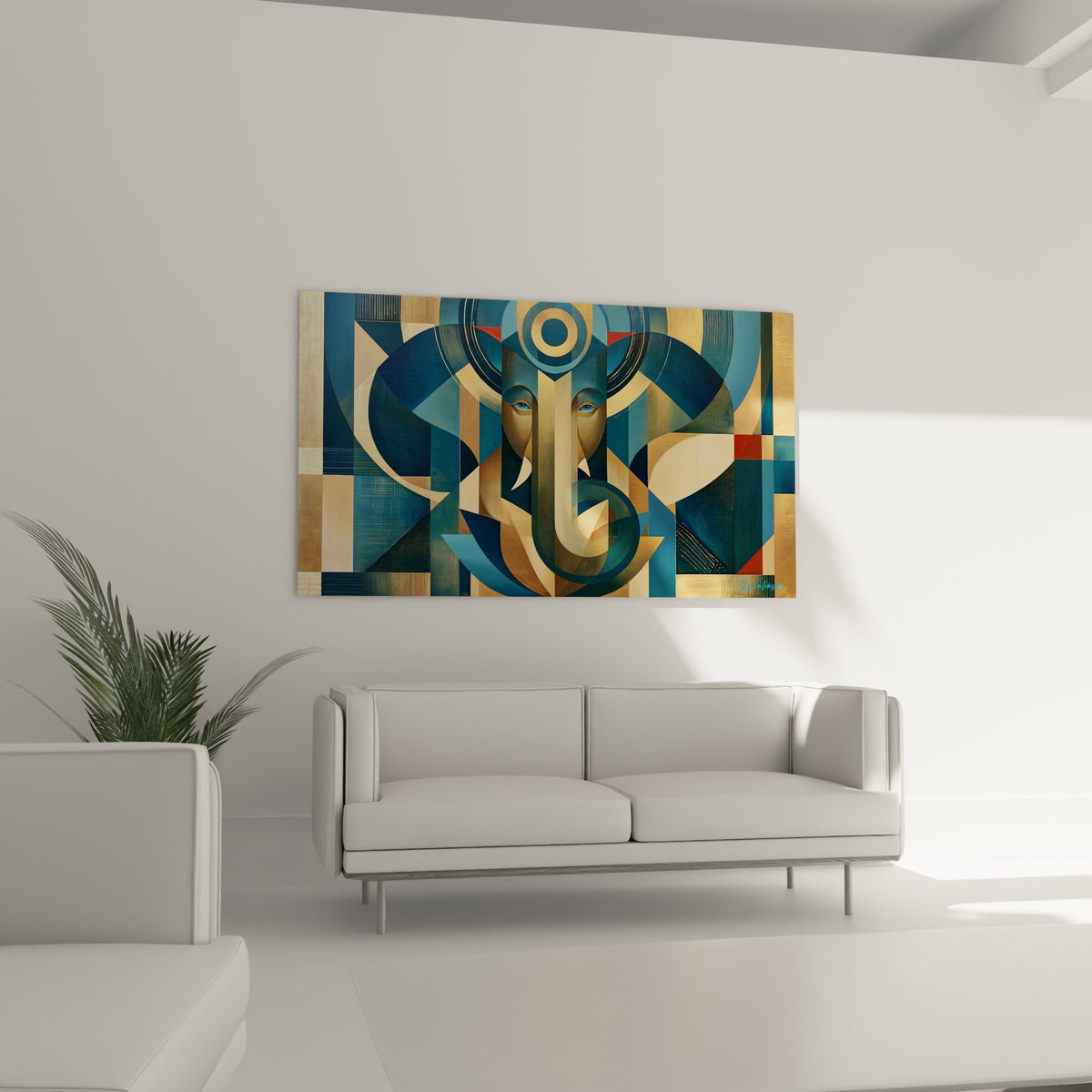 Figure de Ganesh cubiste bleu et or, disposée au-dessus d'un canapé dans un salon lumineux
