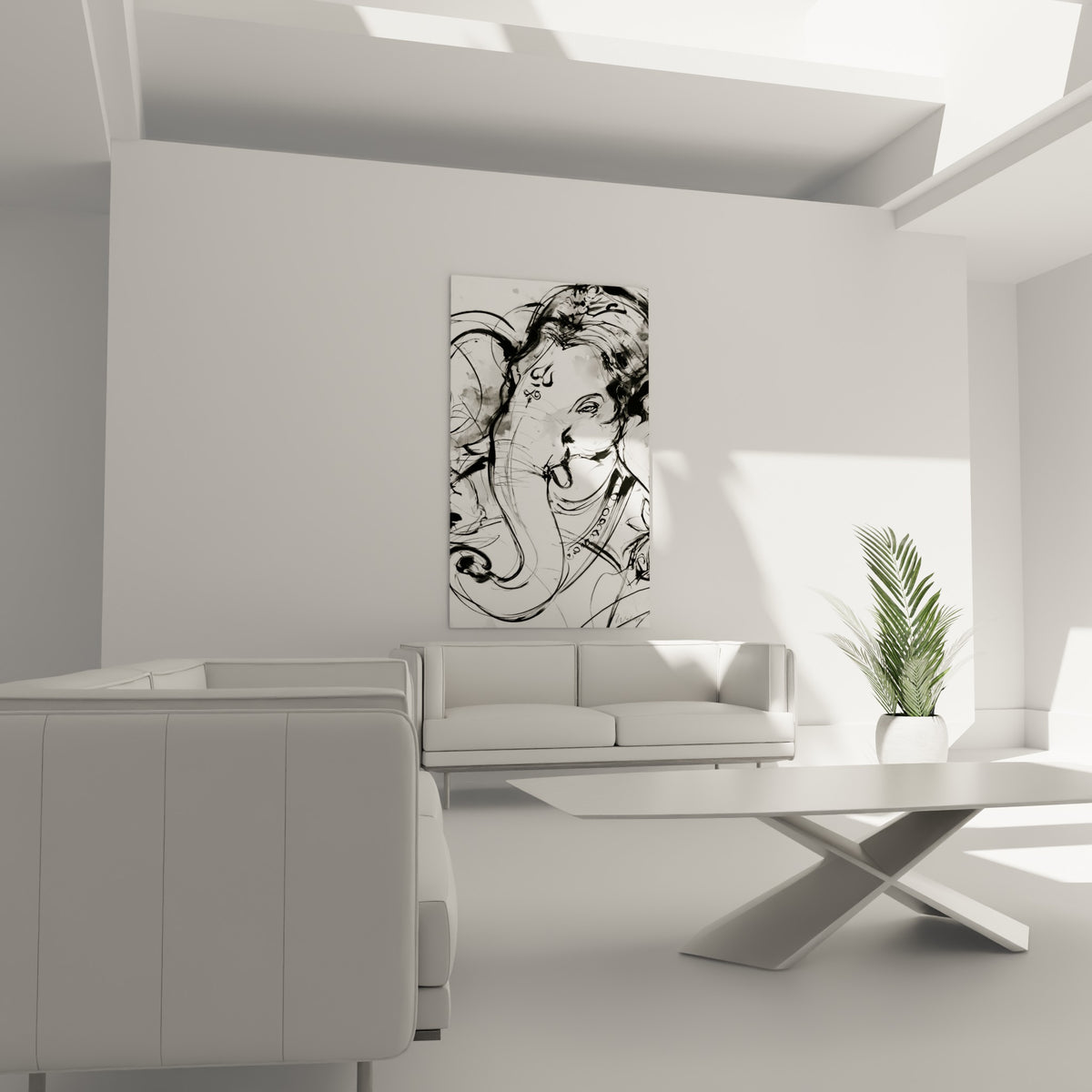 Portrait de Ganesh en camaïeu de noirs et blancs, accroché au-dessus d'un canapé dans un salon lumineux