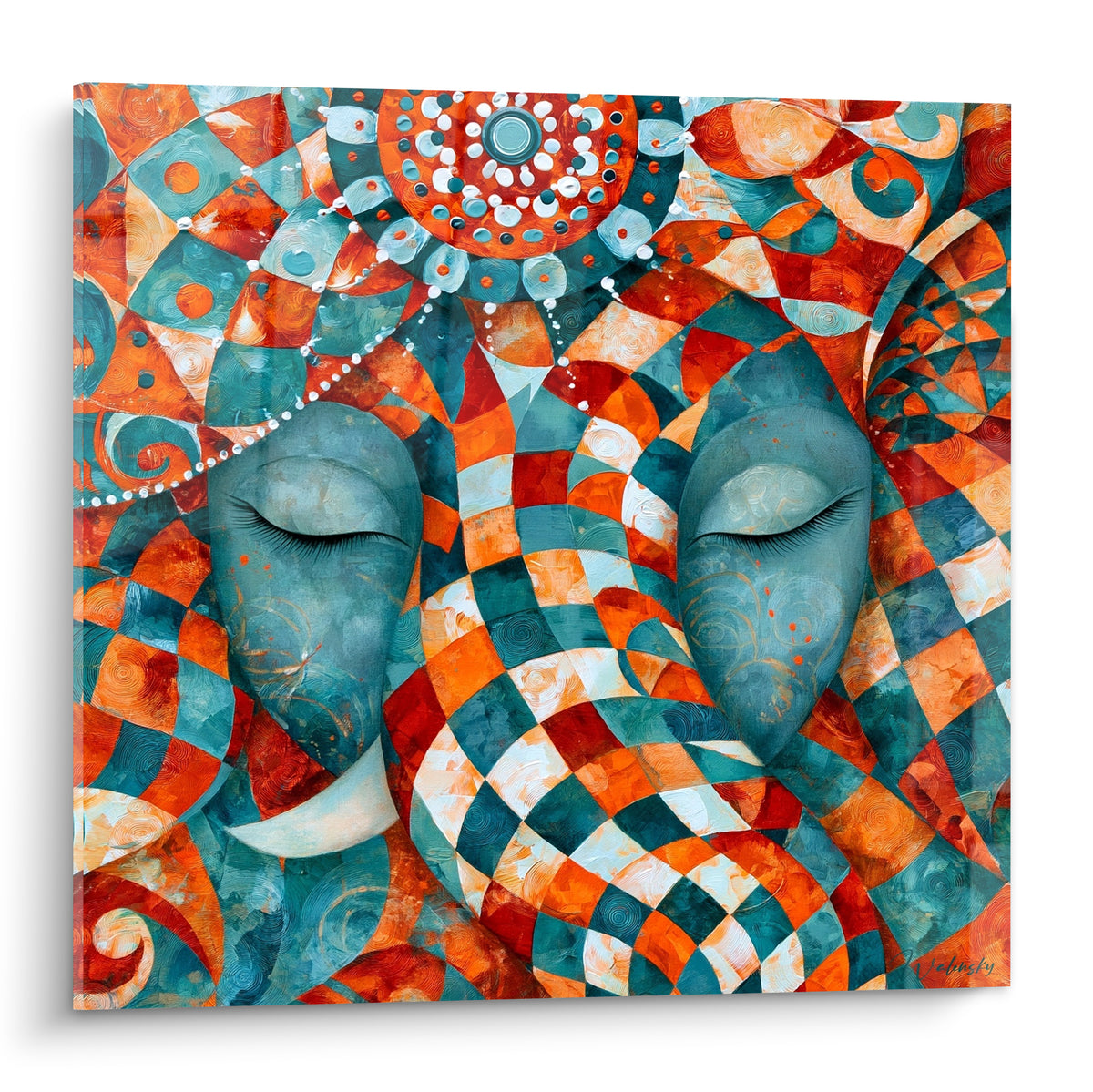 Ganesh aux yeux clos en sarcelle et orange, motifs mosaïques colorés, tableau plein cadre