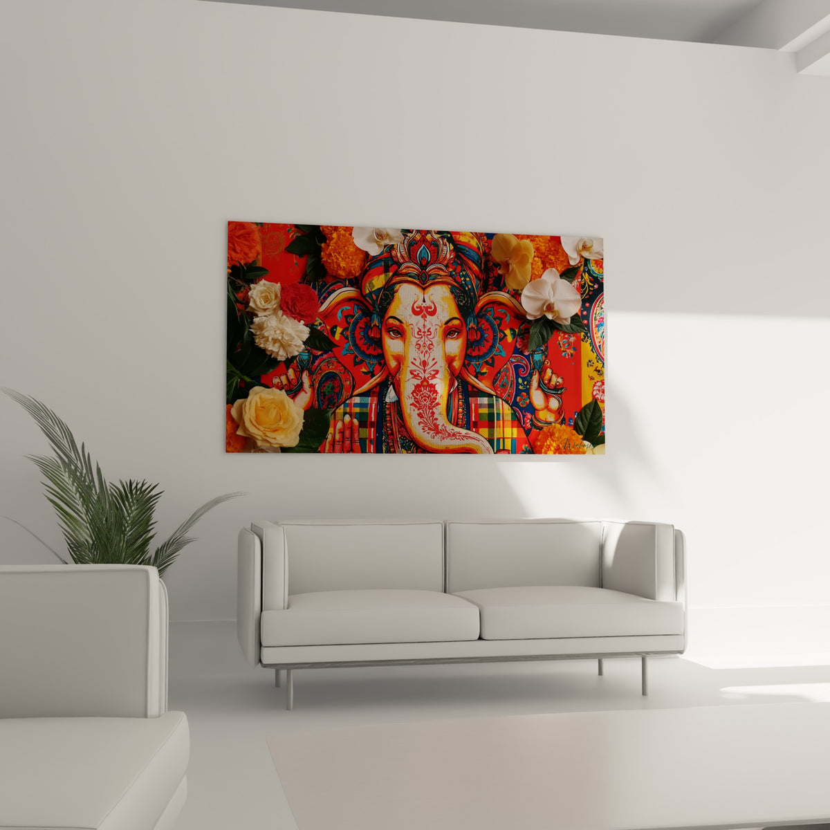 Ganesh fauve aux motifs rouges, encadré d'orchidées ocre, au-dessus d'un canapé dans un salon lumineux