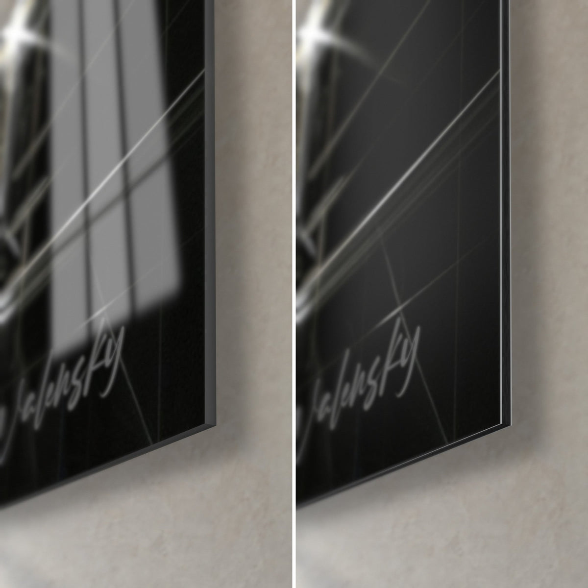 Tableau tête d'éléphant noir et argent, coin bas droit : verre acrylique brillant à gauche, alu Dibond mat à droite, tranche de 3 mm
