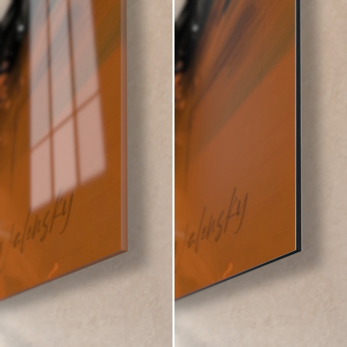 Tableau dieu éléphant en touches orange, coin bas droit : verre acrylique brillant à gauche, Dibond gris mat à droite, tranche de 3 mm