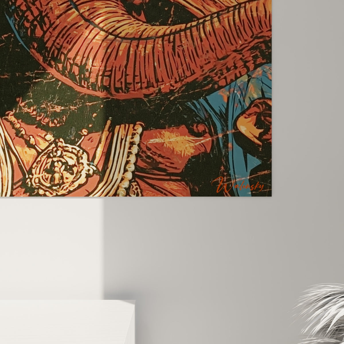 Empâtements orangés et coulures bleu pétrole révèlent la matière gravée du tableau Ganesh de près