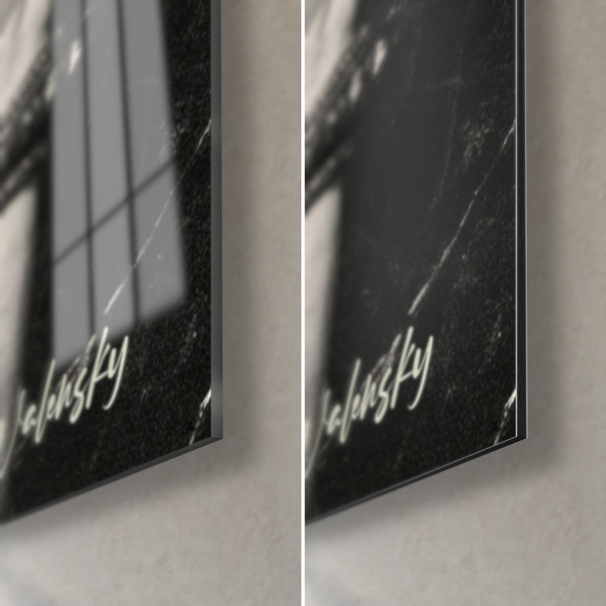 Schilderij van het Ganesh-beeld in parelgrijs en zwart, rechtsonder: glanzend acrylglas links, mat Dibond rechts, fijne rand