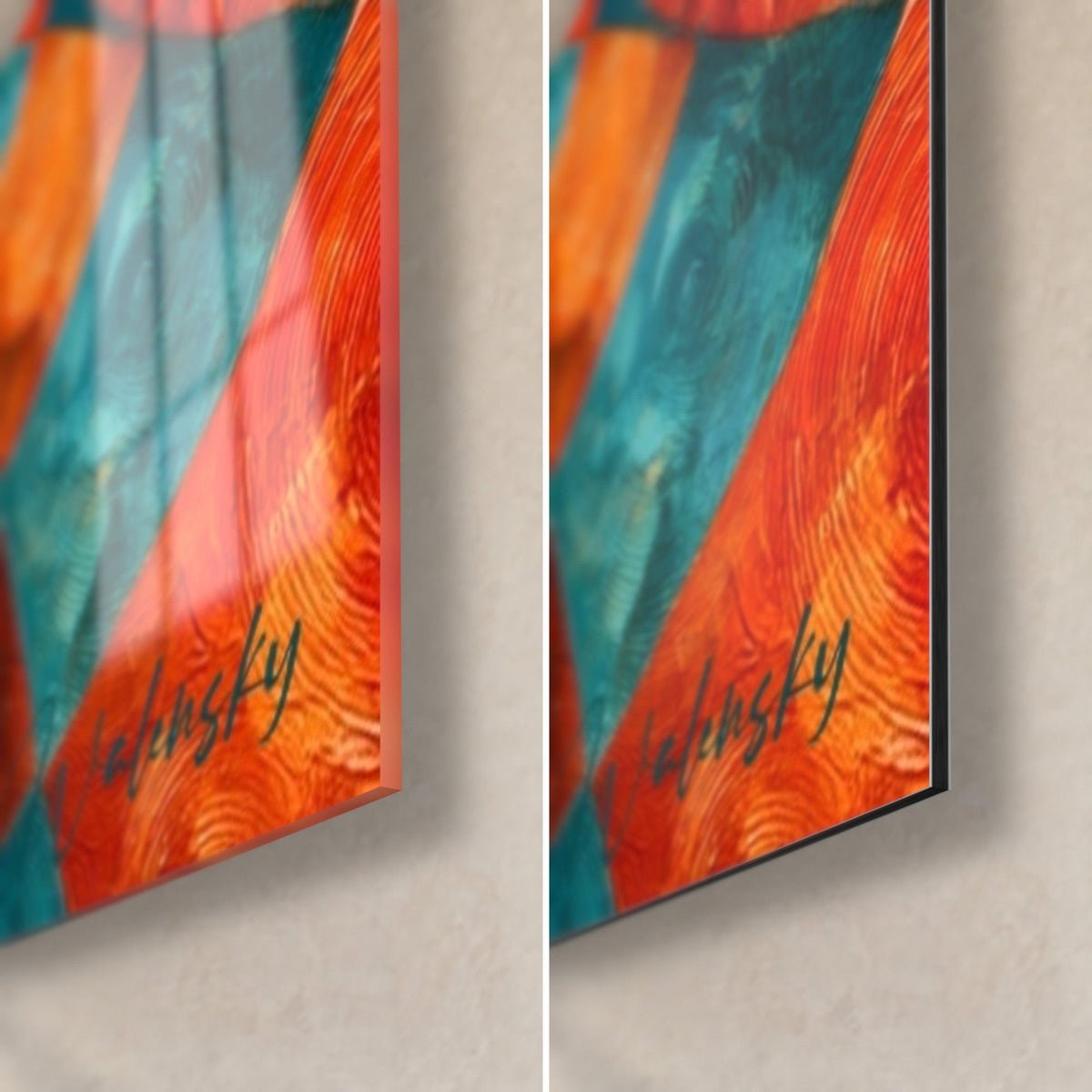 Wall art teal Ganesh, bottom right corner: green signature on orange spirals, glossy glass on the left, matte Dibond on the right, 3 mm edge