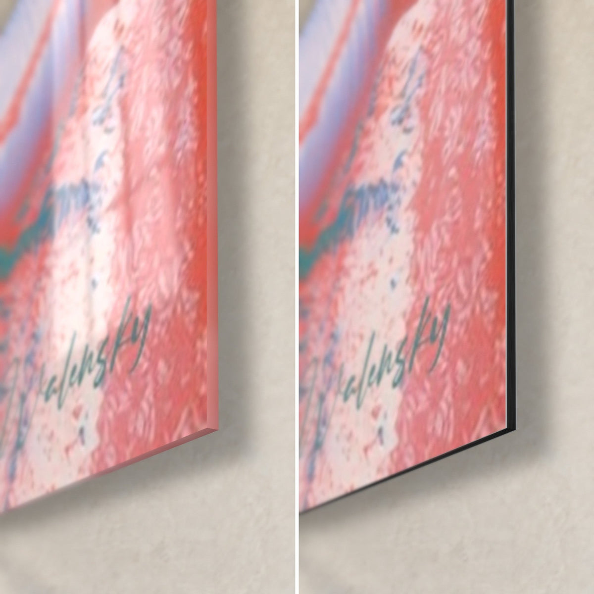Wall art Ganesh in coral and blue, bottom right corner: glossy acrylic glass with reflections on the left, matte Dibond aluminium on the right, 3 mm edge