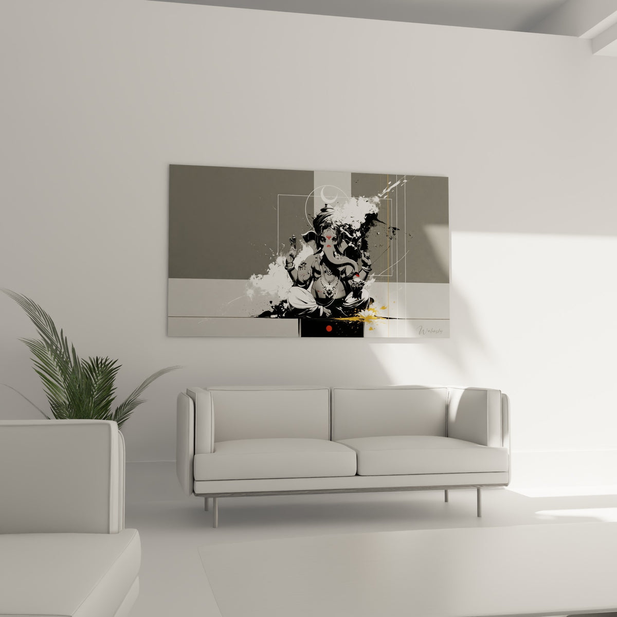 Divinité Ganesh sur fond gris structuré, touches rouges et dorées, au-dessus d'un canapé dans un salon lumineux