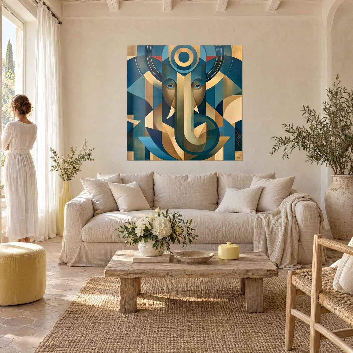Wall art Ganesh elephant with blue eyes, golden spiral trunk on petrol blue background, above a sofa in a bright living room