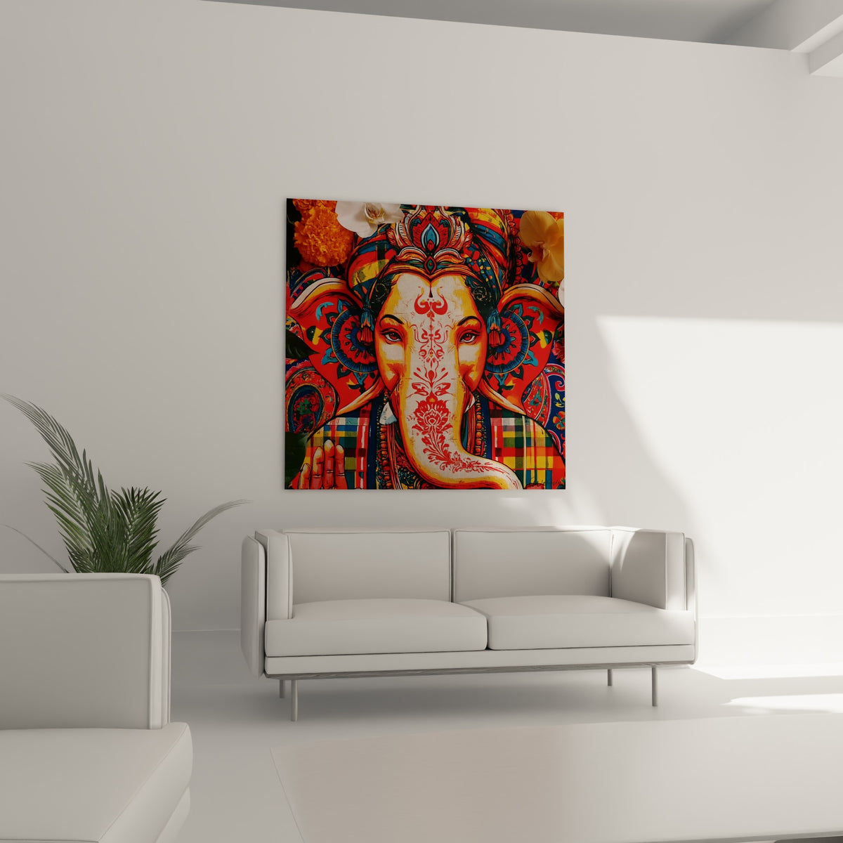 Visage de Ganesh entouré de fleurs blanches et orangées au-dessus d'un canapé dans un salon lumineux