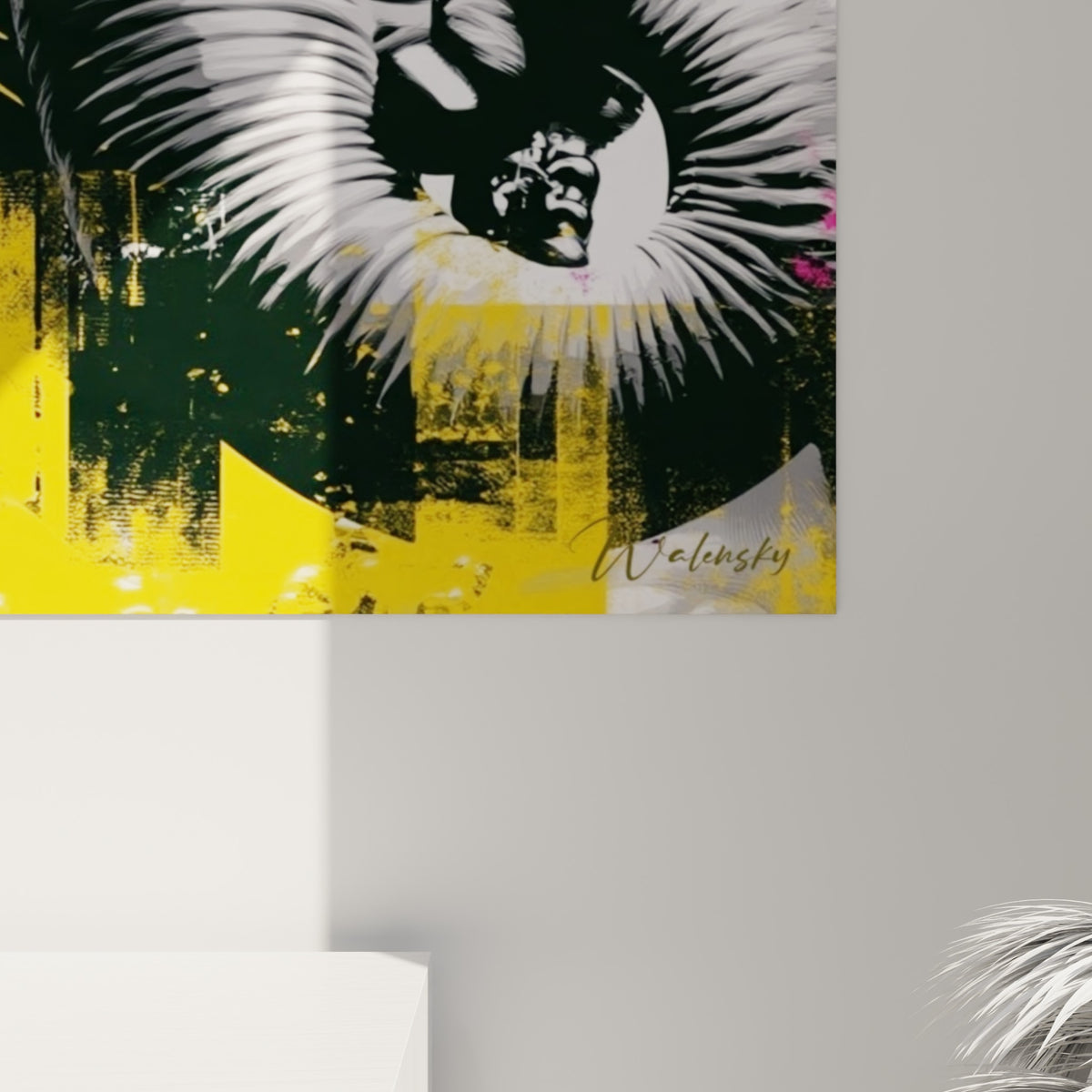 Détail des empâtements gris et jaunes du turban de Ganesh révélant le grain de l'impression