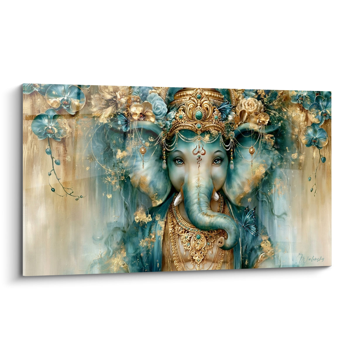 Ganesh au visage turquoise et couronne dorée, entouré d'orchidées bleues et de papillons délicats