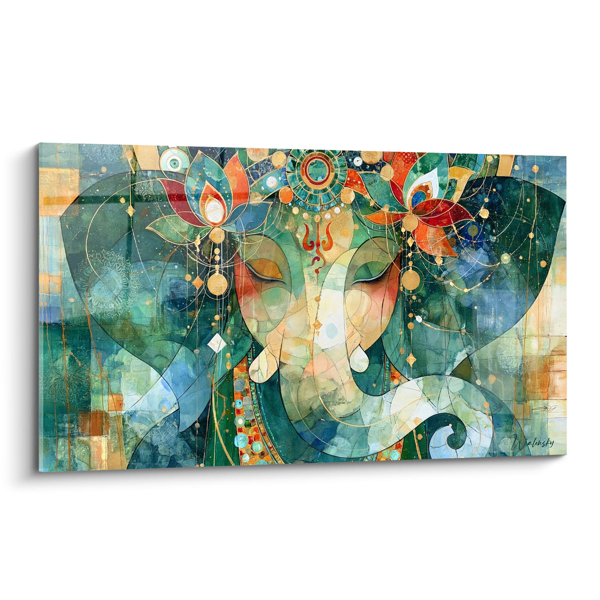 Ganesh au visage vert émeraude et bleu pétrole, lotus orangé, motifs dorés en pleine composition