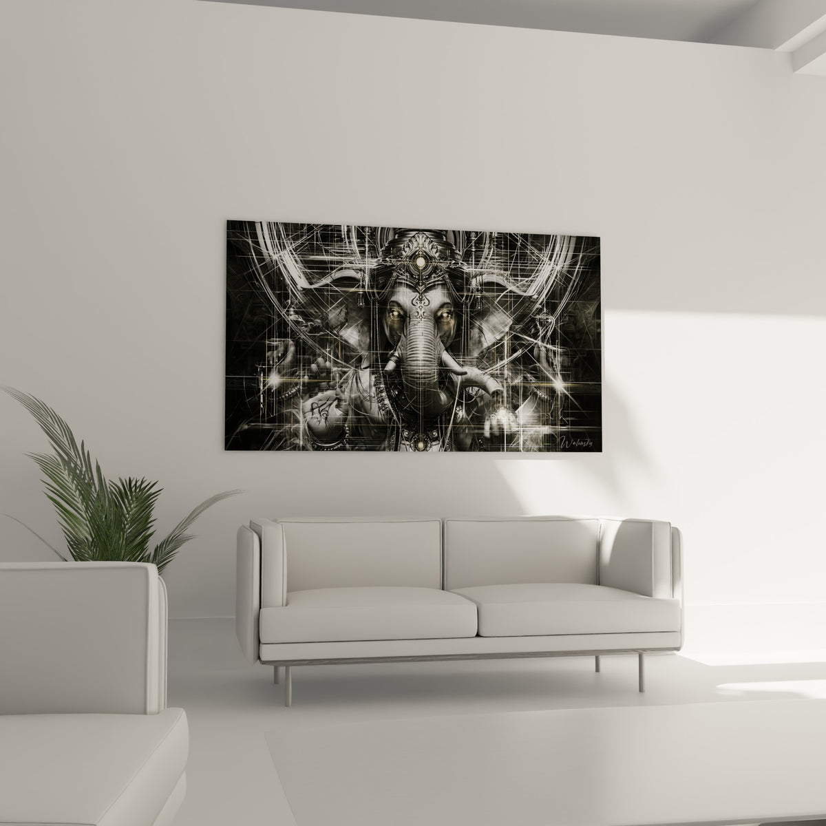 Ganesh argenté aux yeux dorés perçants, réseau de lignes blanches, au-dessus d'un canapé dans un salon lumineux