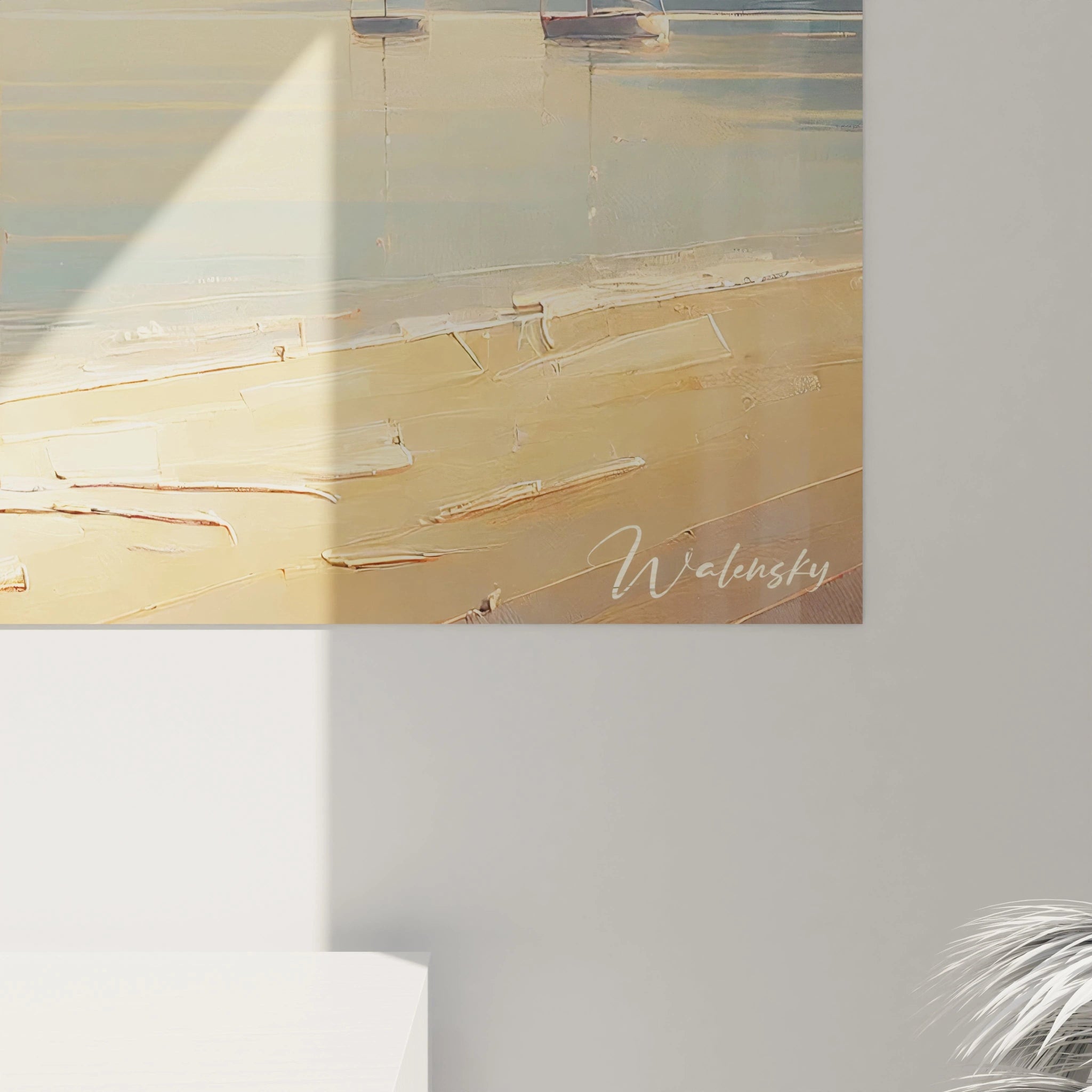 Vue rapprochée du tableau marin révélant les détails subtils du ciel et de la mer avec un effet de profondeur et une touche de rouge apportant protection