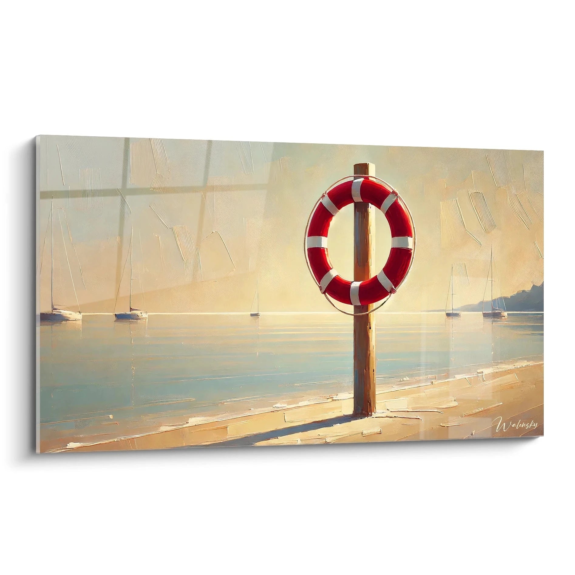 Tableau marin vu de biais montrant la quiétude d un bord de mer capturé avec soin dans un cercle de sauvetage rouge sur un horizon doré ideal pour une atmosphère sereine