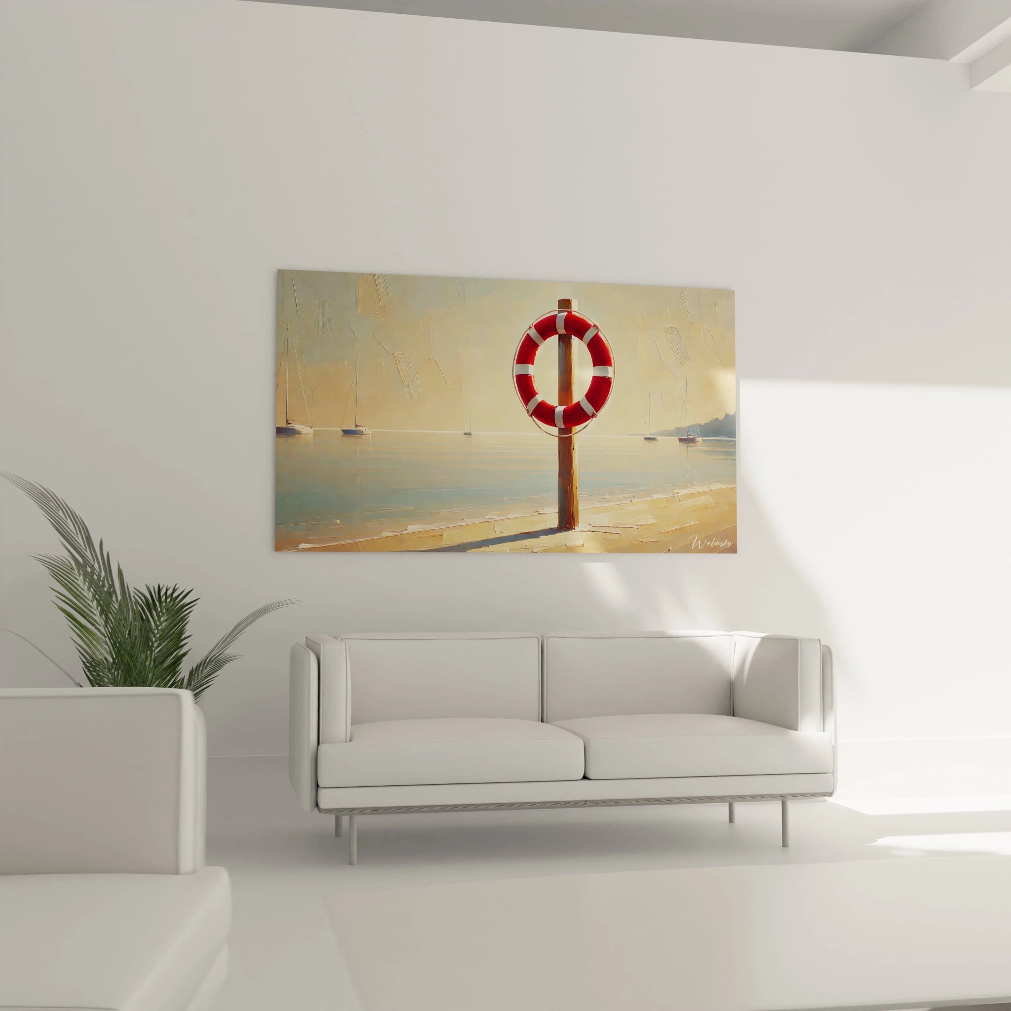 Tableau marin suspendu dans un salon au dessus du canapé infusant une douce lumière beige et une tranquillité inspirée de l horizon maritime parfait pour un espace convivial