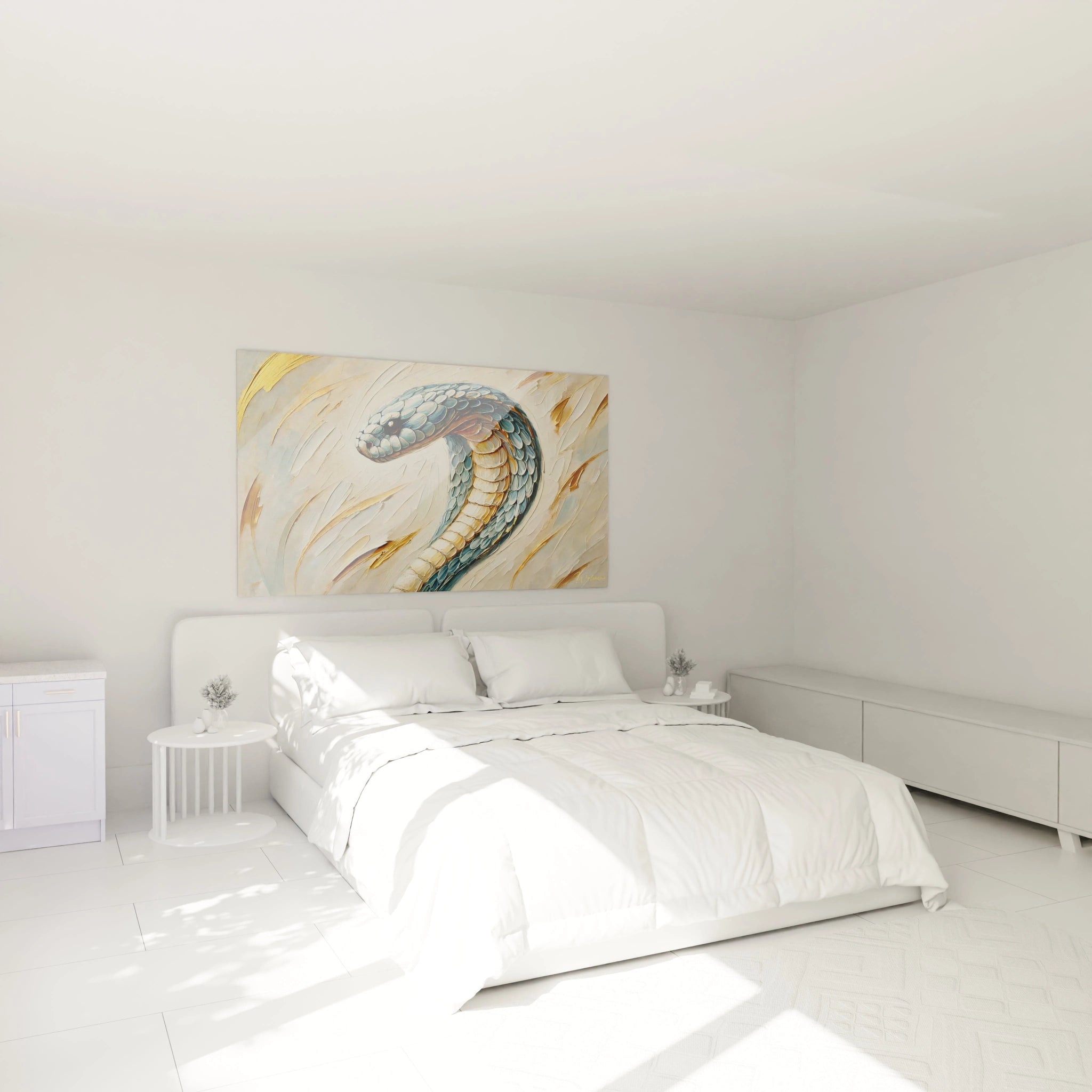 Ce tableau serpent ajoute une touche elegante a votre chambre. Les couleurs bleues et beiges et les textures du serpent captivent au-dessus du lit, apportant serenite et dynamisme a votre espace intime.