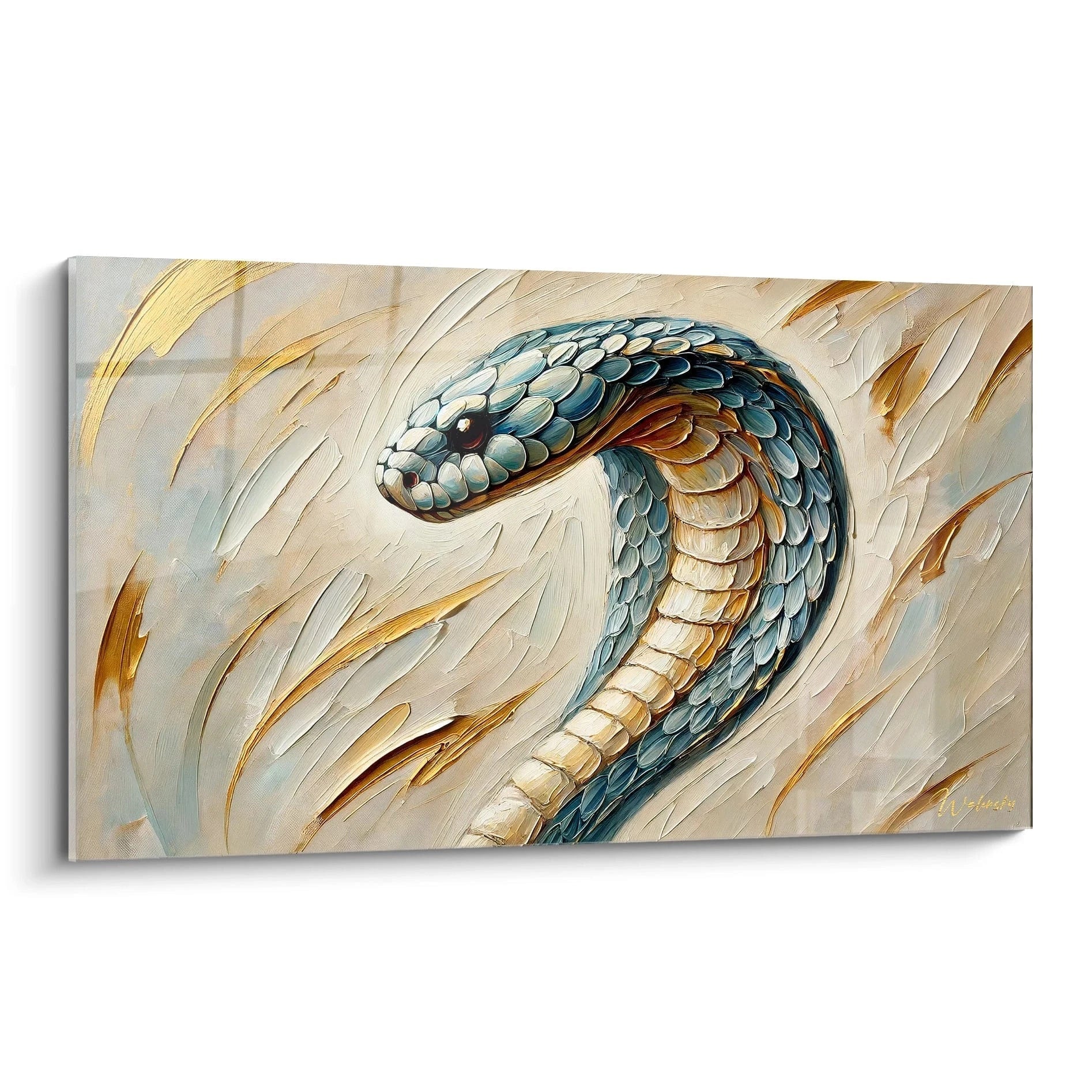 tableau serpent elegant vu de biais. Ses ecailles detaillees dans des tons de bleu et beige captivent l'oeil. Ideal pour apporter du caractere a votre espace interieur grace a son design saisissant et artistique.