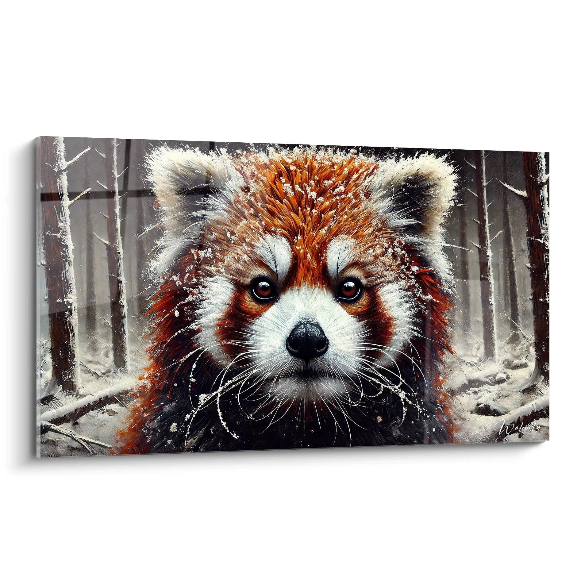 Tableau panda roux vue de biais, capturant la beauté sauvage du panda dans une forêt enneigée. Les détails minutieux et la profondeur du regard créent un effet captivant idéal pour un intérieur moderne.
