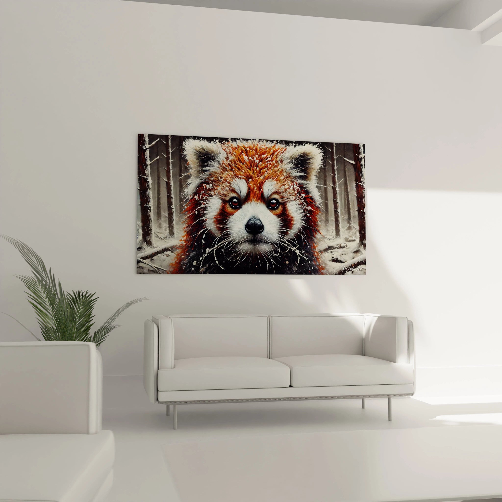 Tableau panda roux au-dessus du canapé dans un salon. Les couleurs flamboyantes du panda et le fond enneigé ajoutent profondeur et contraste, créant un point focal expressif pour la décoration du salon.