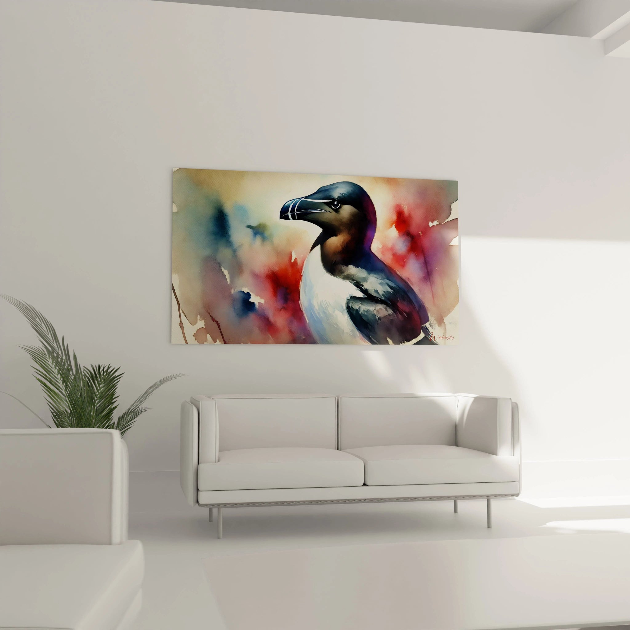 le tableau mouette au-dessus du canapé apporte élégance et légèreté au salon. Les nuances douces et abstraites évoquent la mer et les cieux, créant une atmosphère de détente naturelle