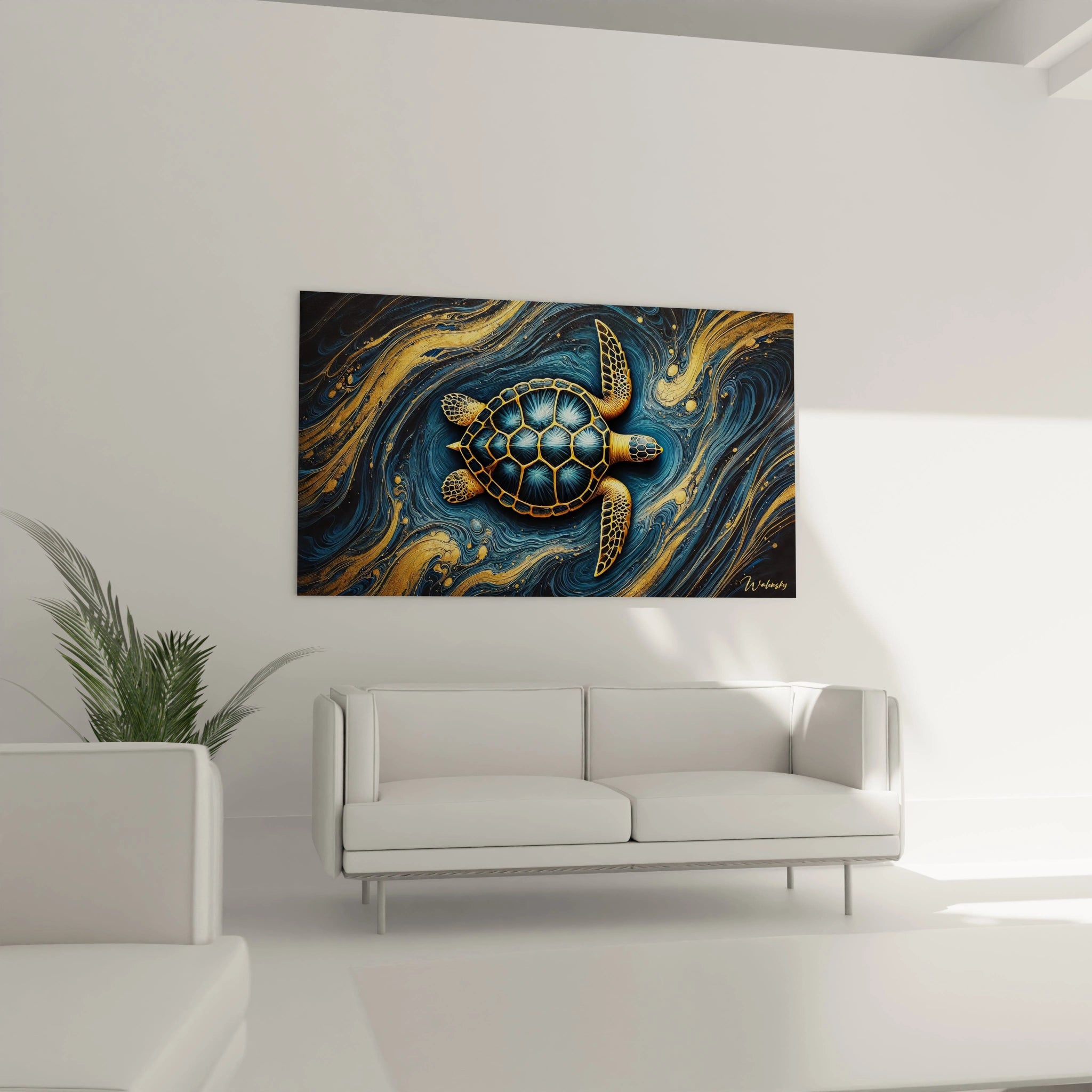 Sublimez votre salon avec ce tableau tortue de mer accroché au-dessus du canapé. Les couleurs vibrantes et l'effet céleste de l'œuvre apportent élégance et fluidité à l'espace de vie.