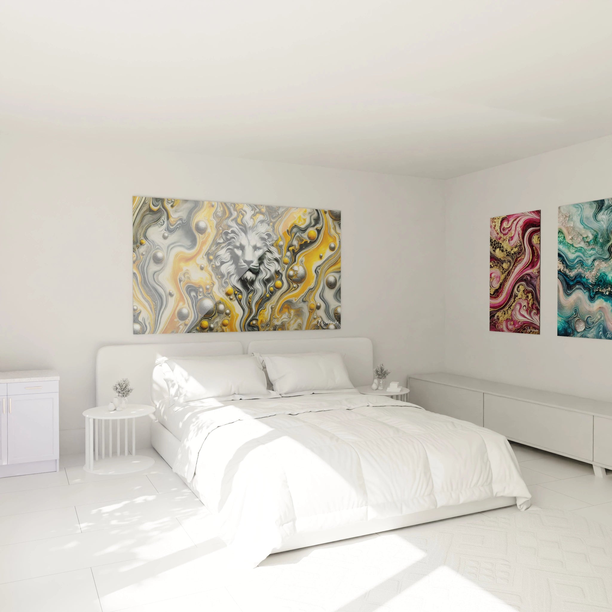 Le tableau style epoxy orne majestueusement le mur au-dessus du lit. Les reflets métalliques et les nuances de gris et d'or apportent à la chambre une aura de sérénité et de force intérieure.