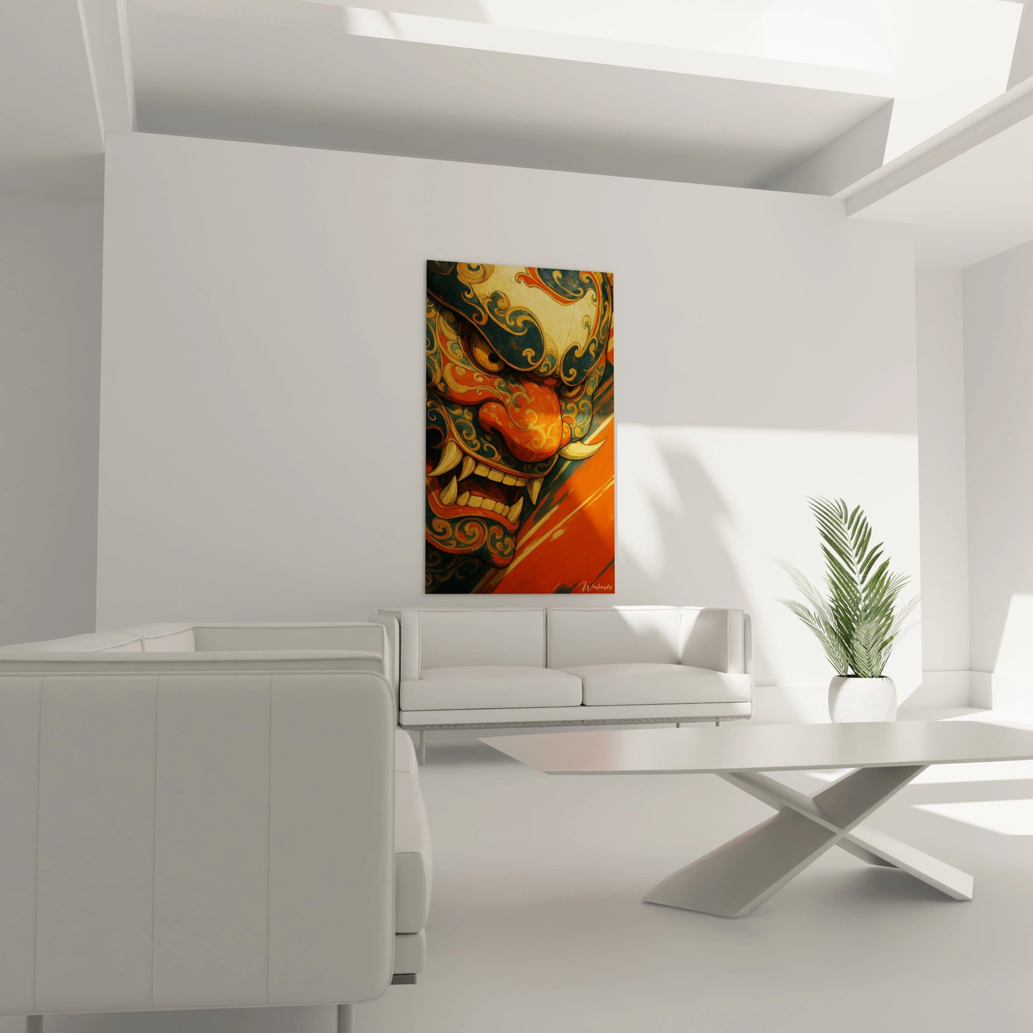 Un tableau masque japonais oni détaillant un visage féroce avec arabesques bleues dorées sur fond rouge orangé, combinant expressions dramatiques du théâtre nô, crocs proéminents et ornements spiralés typiques de l'art japonais ancestral.