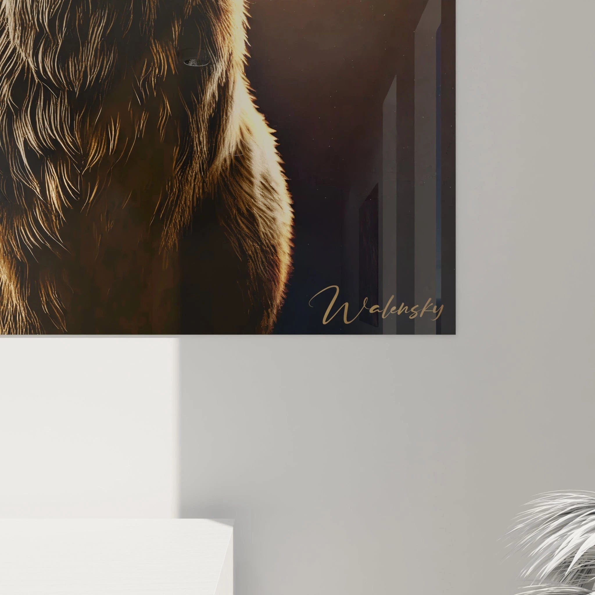 vue de près d’un tableau cerf révélant les détails travaillés du pelage et des bois dans des teintes marron et or une composition épurée qui capte la majesté de l’animal