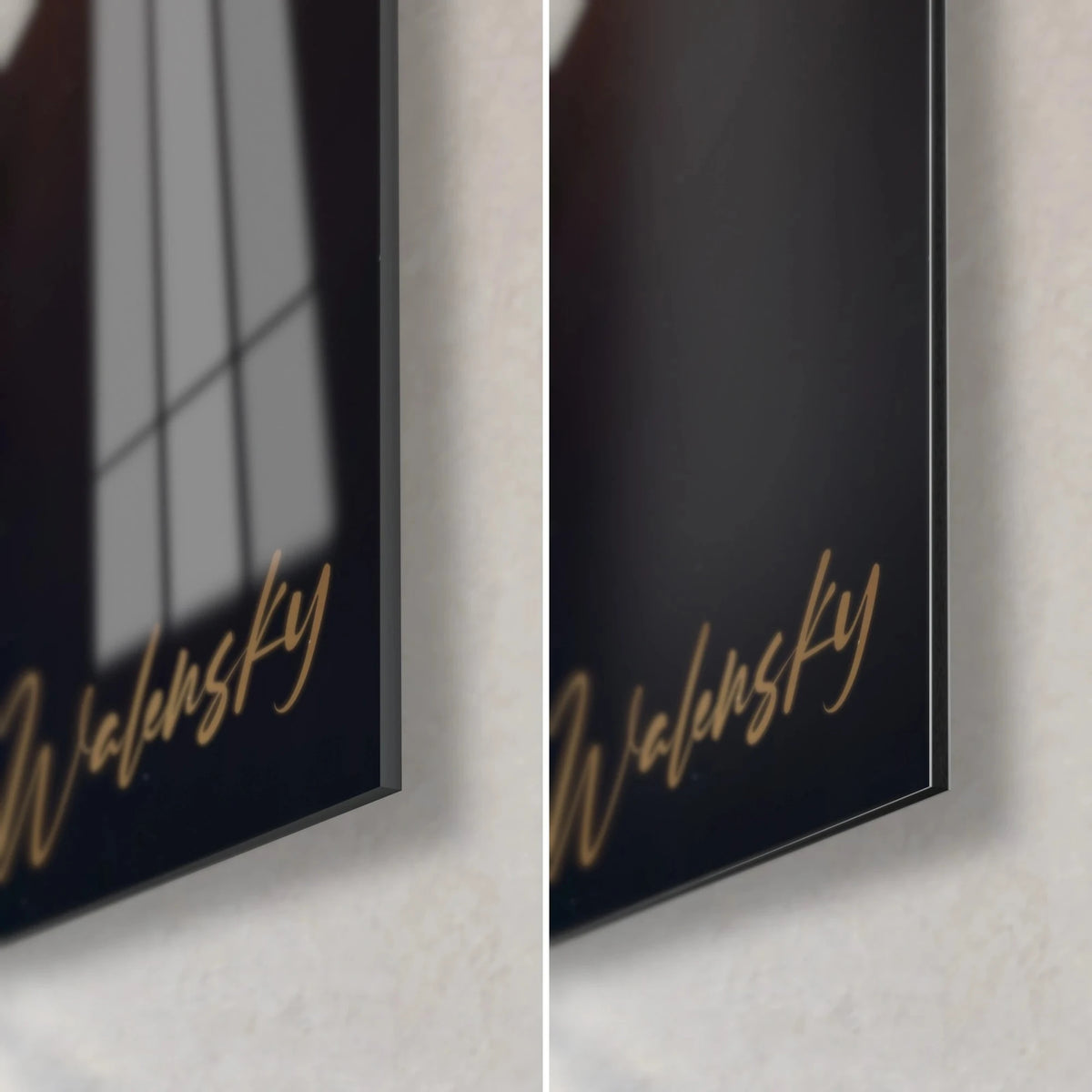 Wall art of a stag with ivory antlers, bottom right corner: glossy acrylic glass on the left, matte black Dibond on the right, gold signature