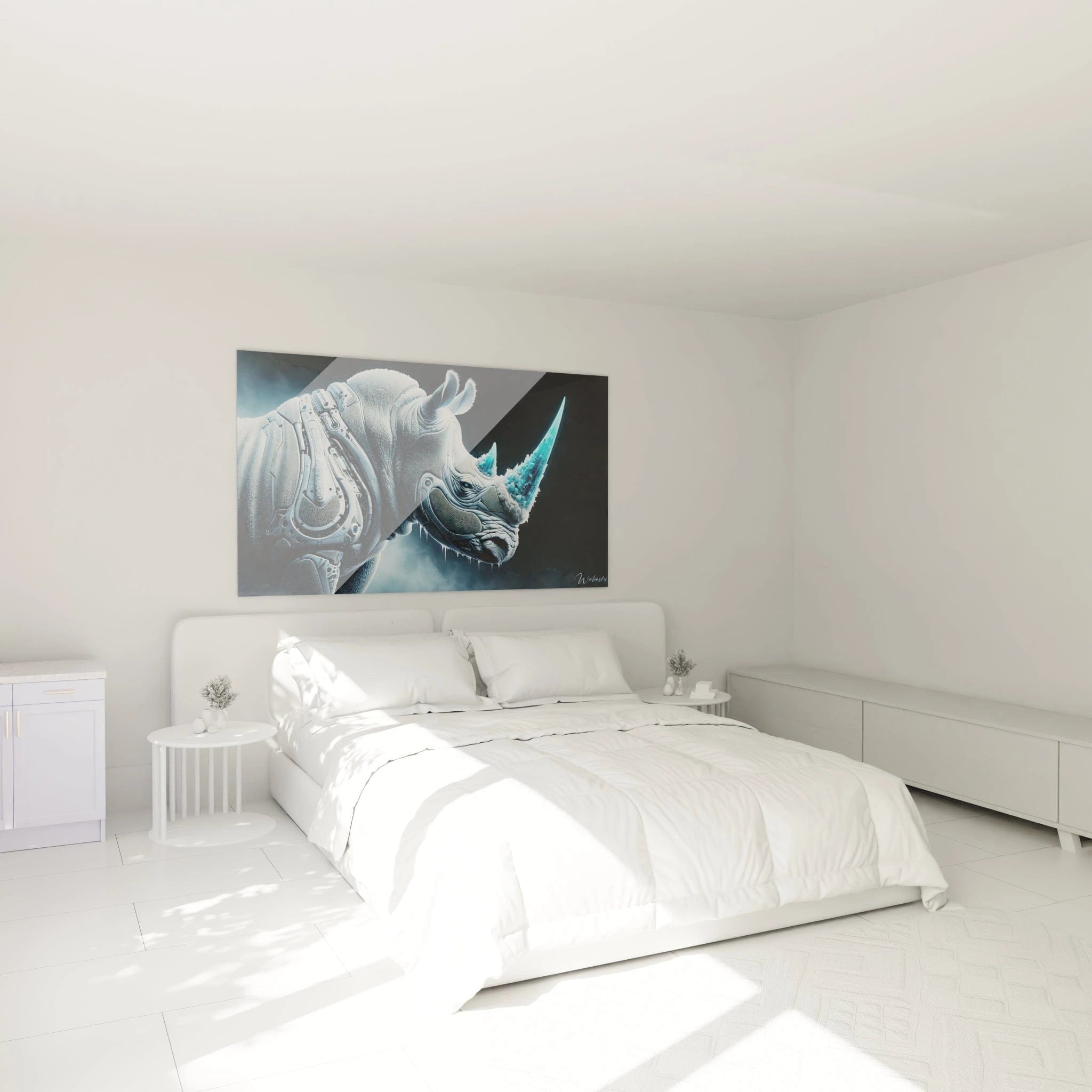 Un tableau d'animal figurant un rhinocéros futuriste aux teintes blanc-bleuté sur fond sombre. Le corps combine des textures de peau plissée et de composants mécaniques intégrés. La corne brillante bleu turquoise semble faite de glace ou de cristal. L'œil lumineux et les articulations robotisées créent un contraste technologique.