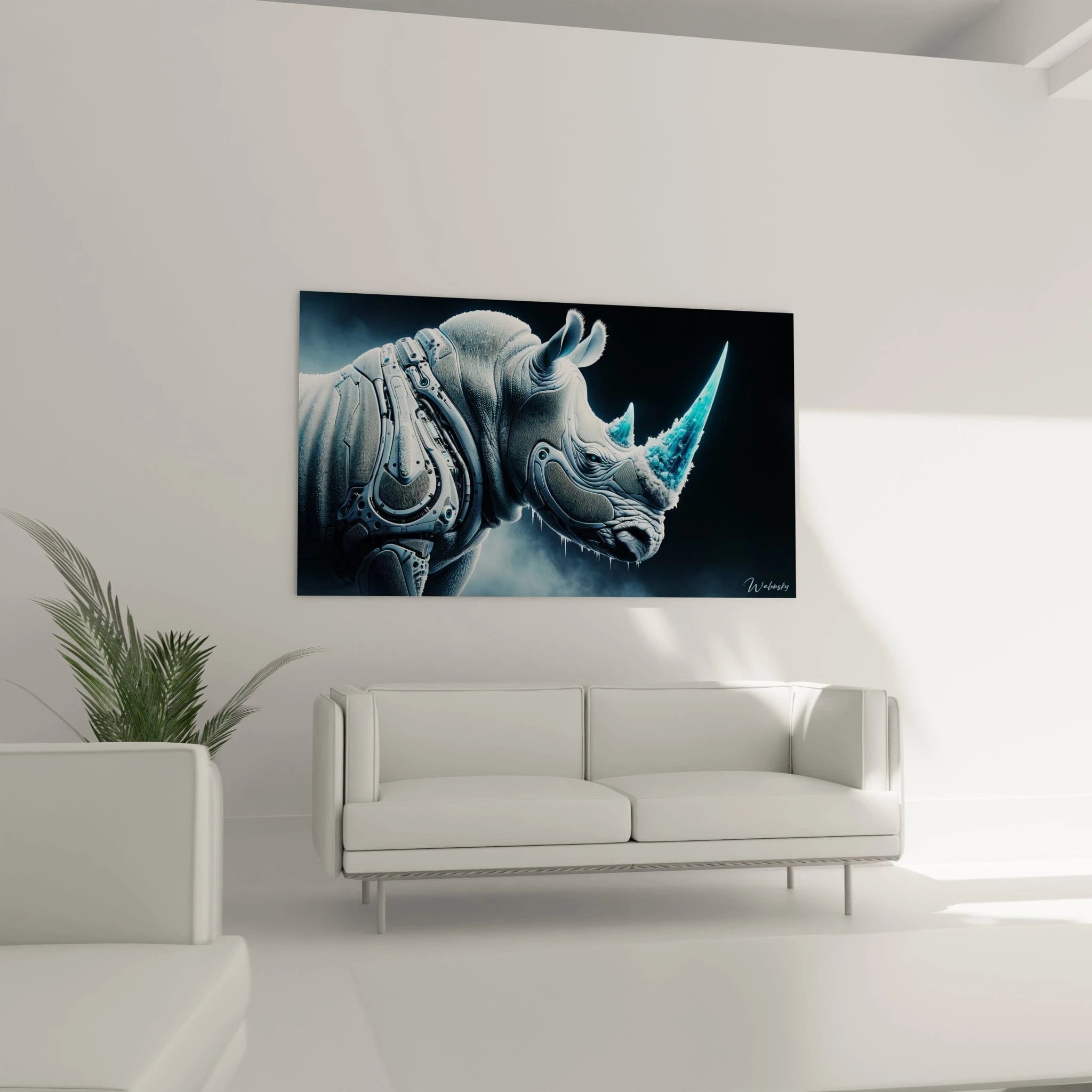 Un tableau d'animal montrant un rhinocéros hybride aux allures cybernétiques. Les teintes dominantes sont le gris clair et le bleu glacé. La texture alterne entre une peau rugueuse et des plaques mécaniques lisses. La corne turquoise translucide et brillante évoque un cristal de glace, tandis que des brumes légères entourent l'animal.