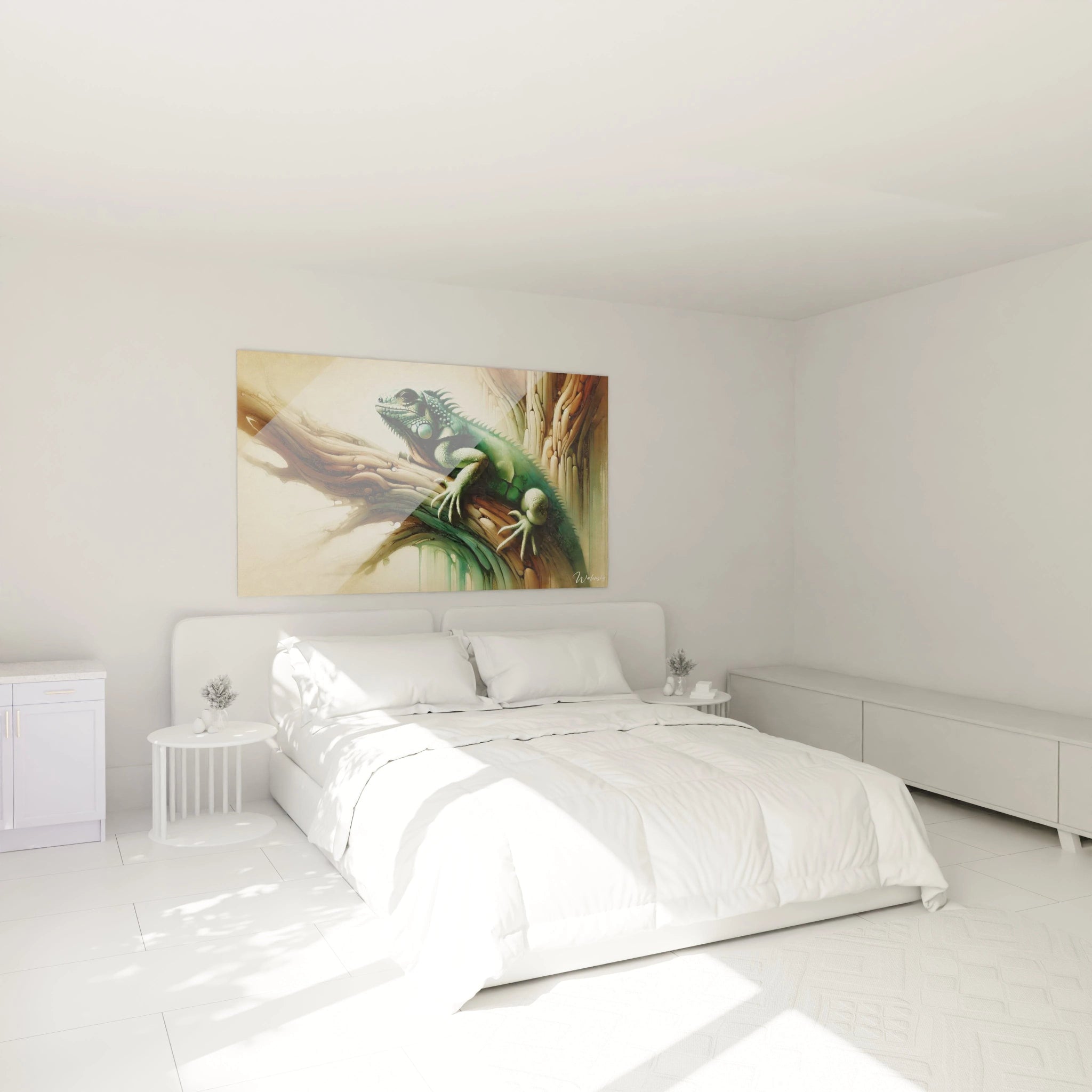 un tableau iguane serein et apaisant accroché au dessus du lit dans une chambre il evoque l harmonie de la nature et de la creativite grace a ses lignes douces et sa palette naturelle