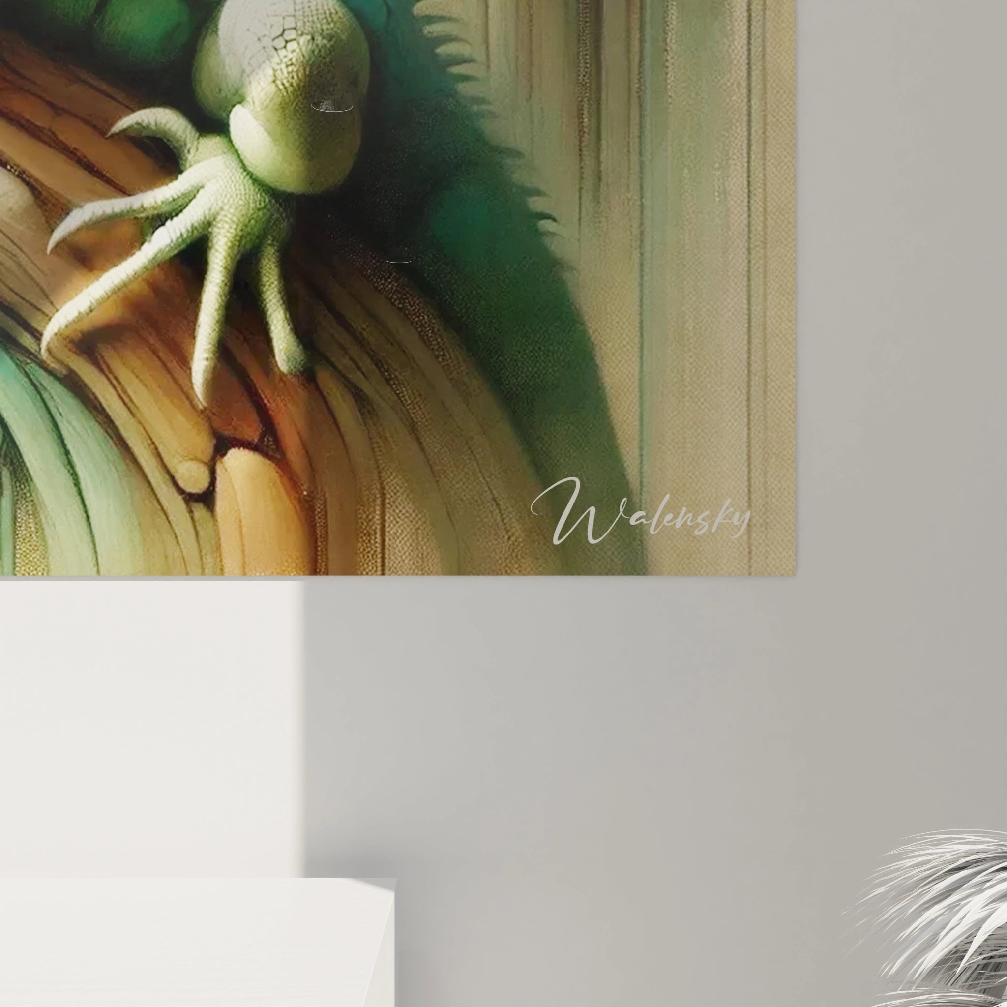 vue de pres ce tableau iguane devoile chaque detail meticuleux de l animal en harmonie avec la branche stylisee un chef d oeuvre qui invite a la contemplation