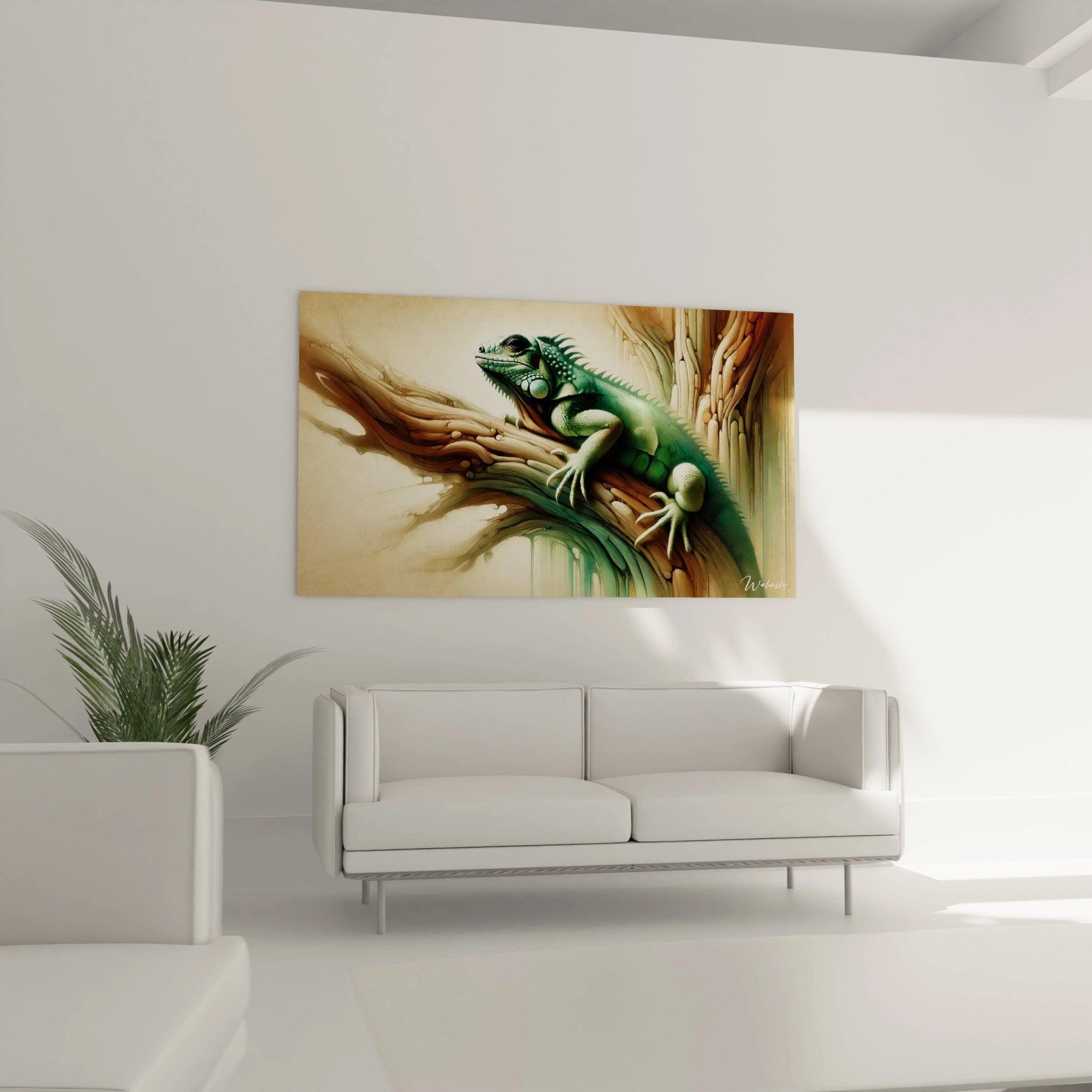 tableau iguane expose dans un salon au dessus du canapé il apporte un sentiment de serenite et d equilibre grace a son melange entre realisme et abstraction des formes naturelles