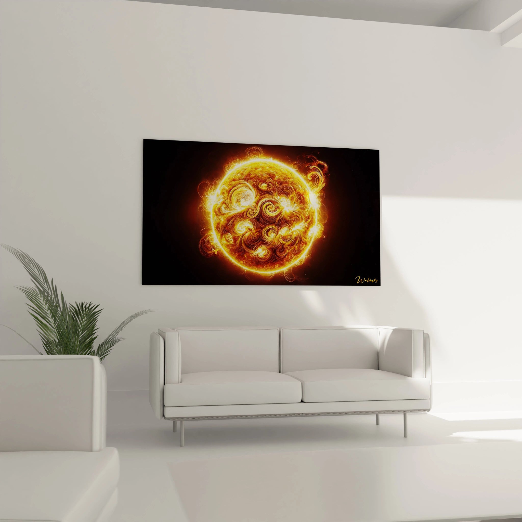 Sublimez votre salon avec le tableau Soleil, une pièce centrale aux couleurs éclatantes qui apportent énergie et élégance à votre décoration intérieure.