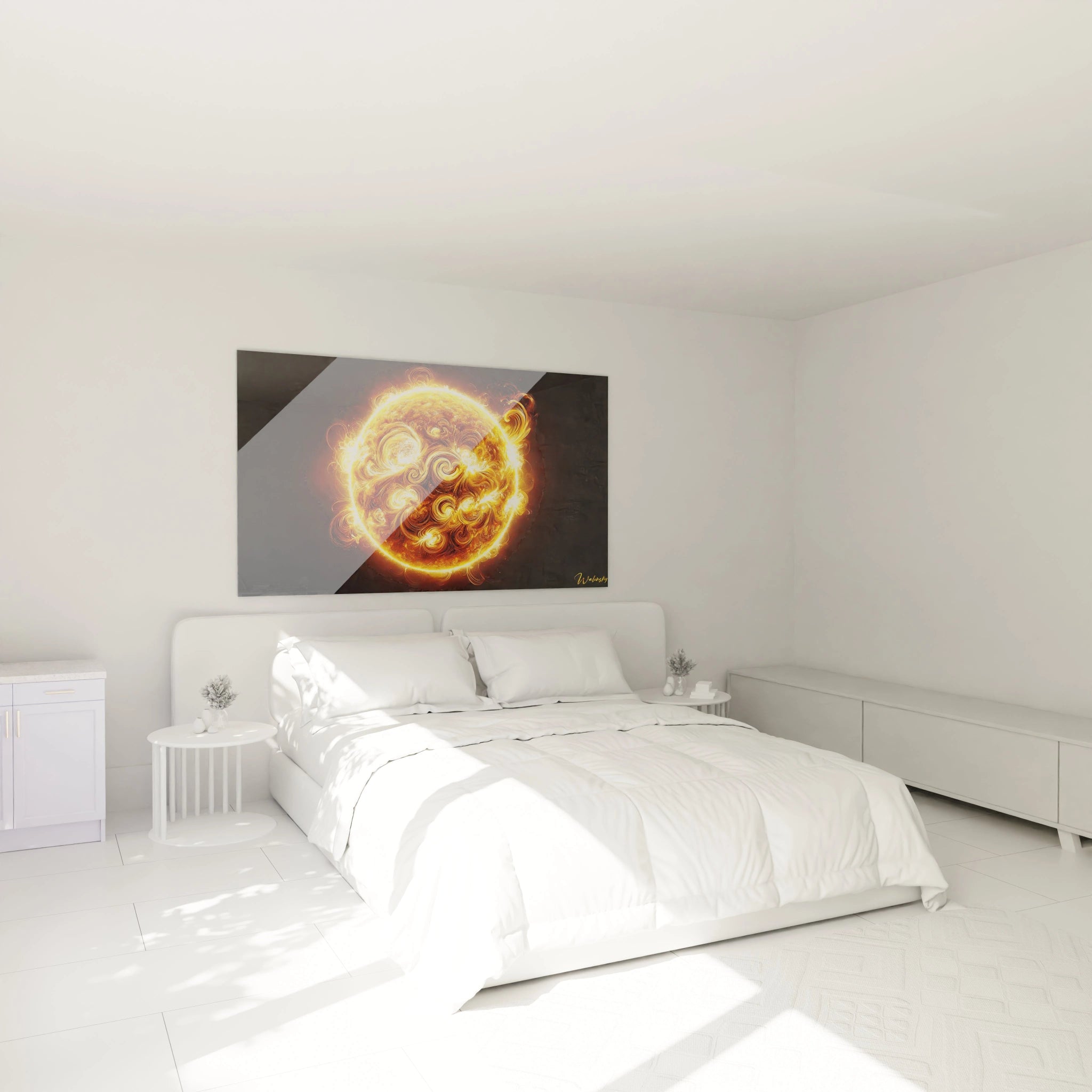 Le tableau Soleil illumine votre chambre avec ses nuances d'or et d'orange. Accroché au-dessus du lit, il insuffle chaleur et vitalité à votre espace de repos.