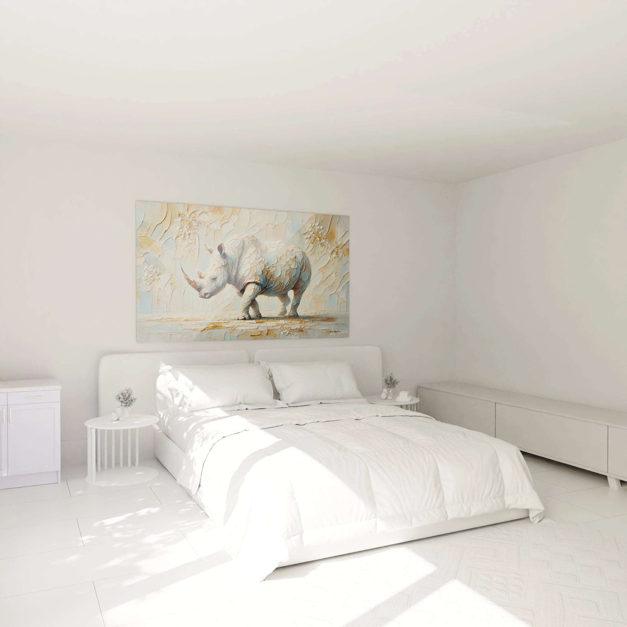 Admirez le tableau rhinoceros accroché au-dessus du lit dans cette chambre. Son design contemporain et sa palette douce apportent une touche d'élégance à votre espace.